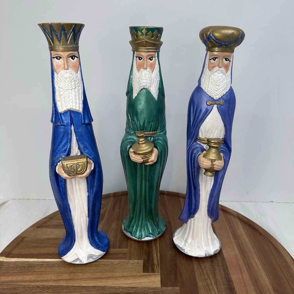 Vtg Three Wise‎ Men Nativity Christmas Figure Set Hand Painted Ceramic MCM 13"
